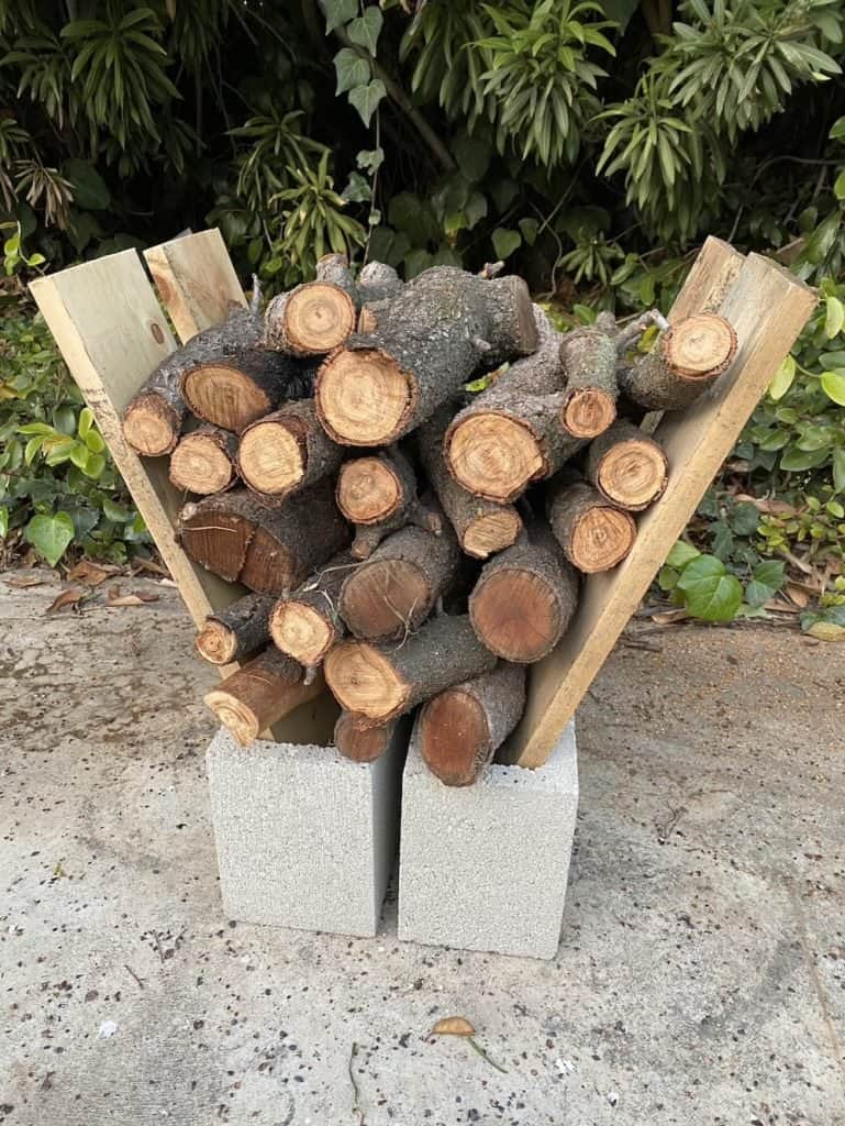 Firewood holder with online cinder blocks