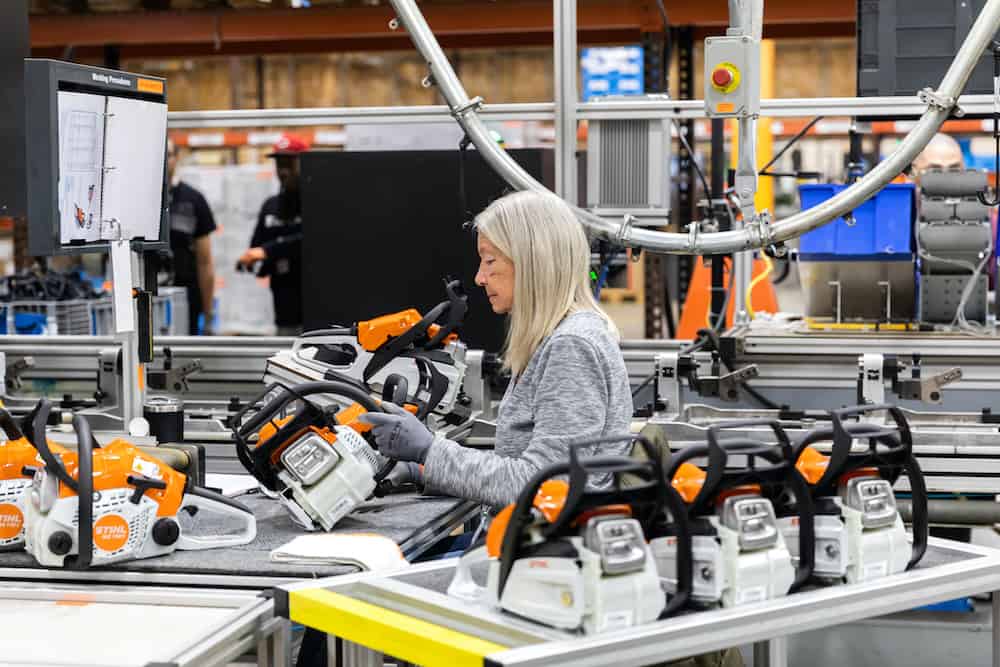 Final Visual Inspection Stihl Gas Powered Chainsaw on the 1148 Assembly Line 