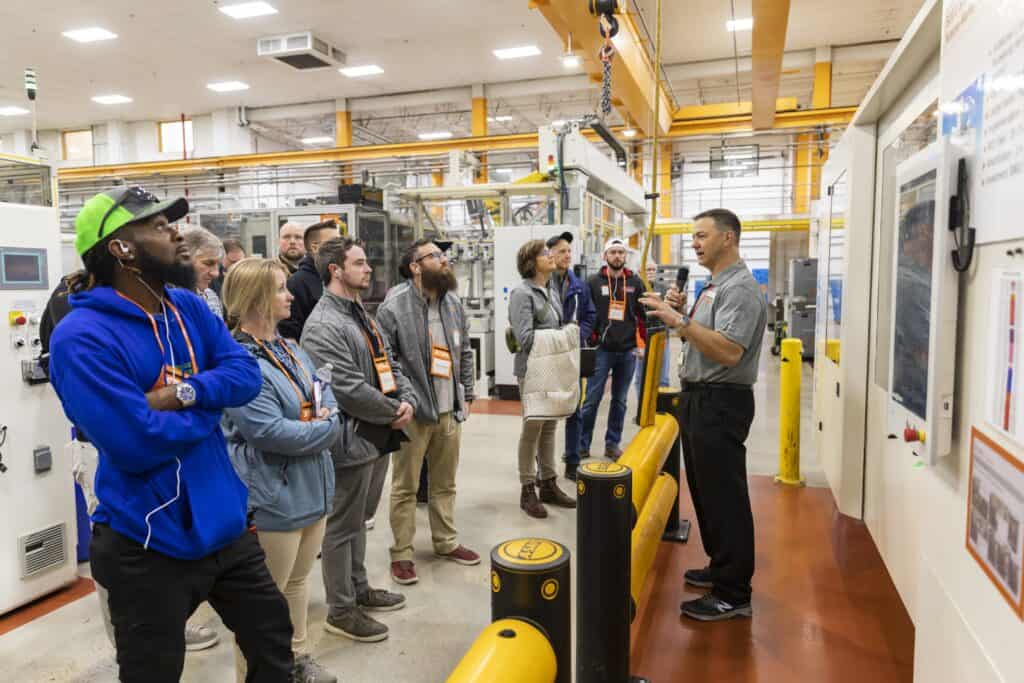 Unit Head Donny Tabor, Talks with Visitors Stihl Factory Tour