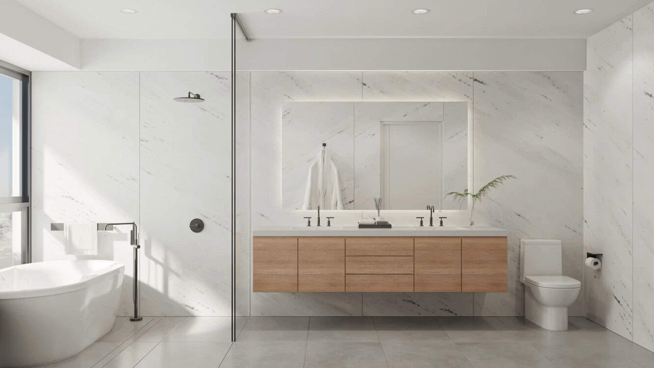 Modern bathroom with tub, sink, and toilet
