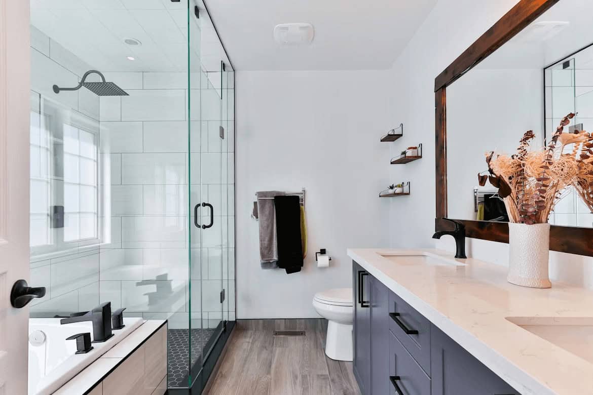 Modern bathroom with walk-in shower and toilet