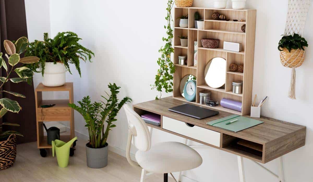 Modern home office desk setup with laptop