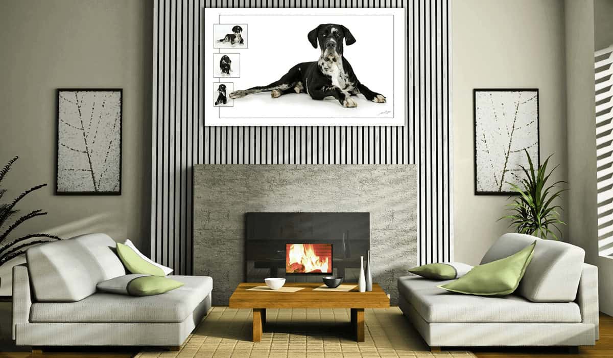 Modern living room with two couches, 3D wall panels, and fireplace