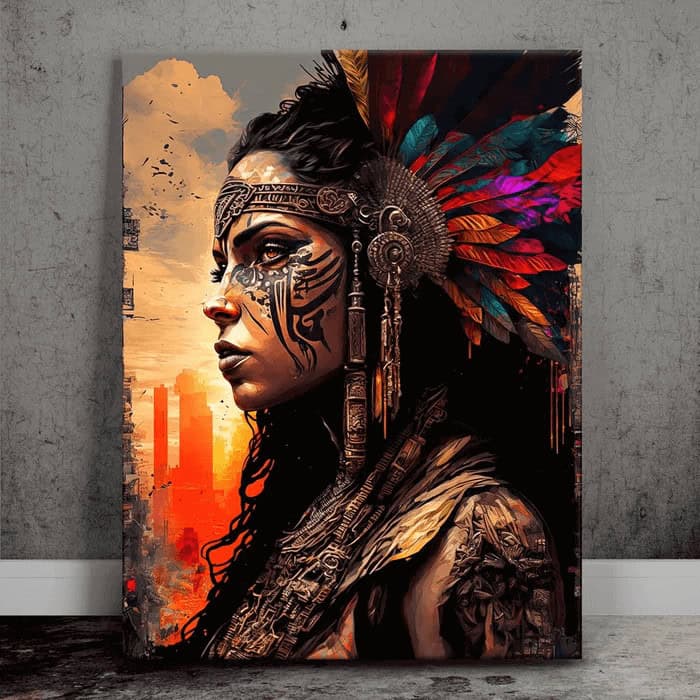 How to Hang Wall Art So It Looks Right (And Stays Put) 2 Native American woman wearing headdress painting