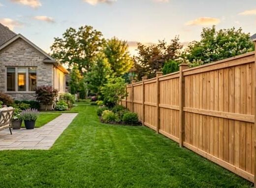 A finished wooden privacy fence in a well-kept suburban backyard with straight evenly spaced posts and a clean top rail in warm afternoon light