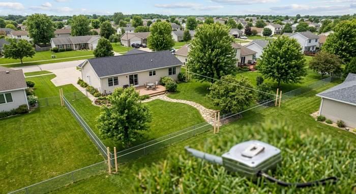 Overhead view of a residential yard with property boundary lines marked with stakes and string, a tape measure in the foreground on green grass