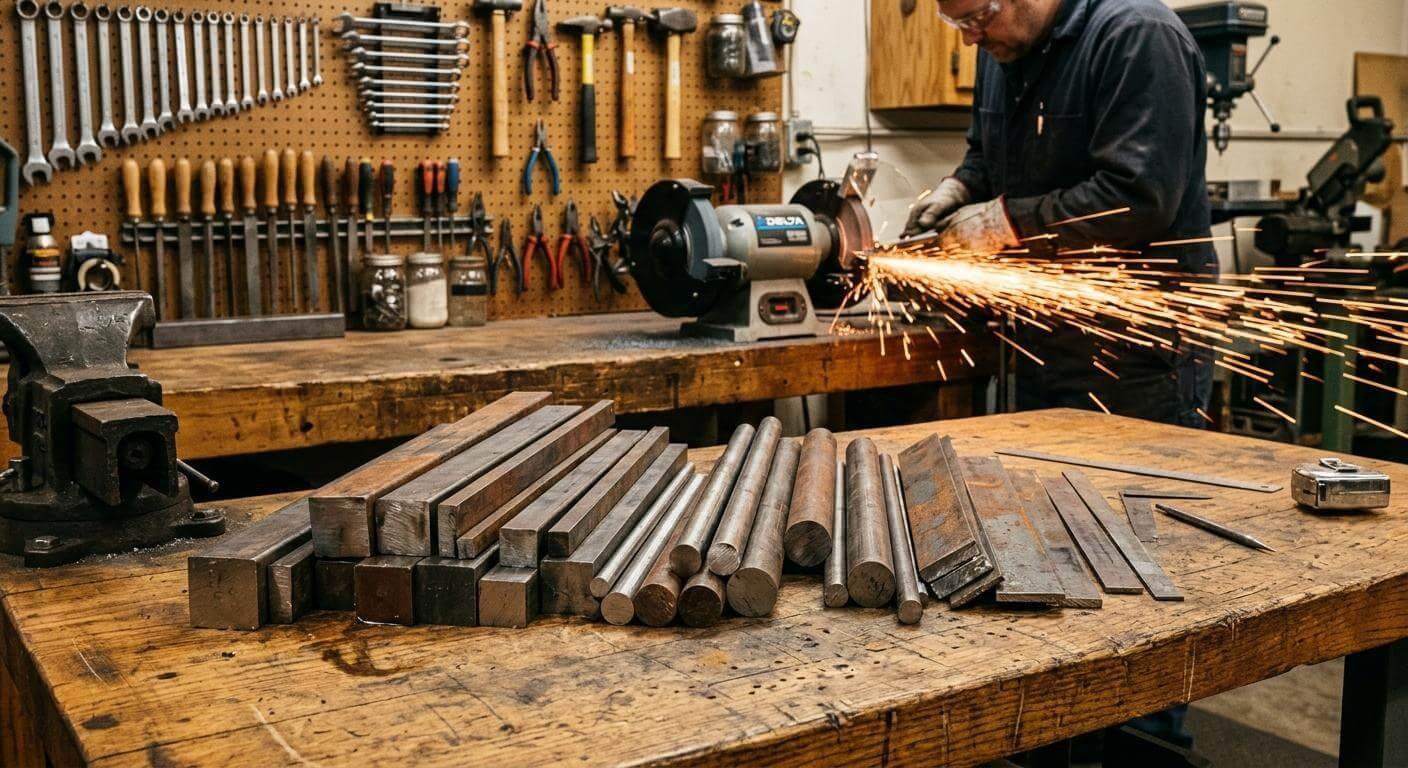 Assorted steel bar stock laid out on a workshop bench with a grinder throwing sparks in the background