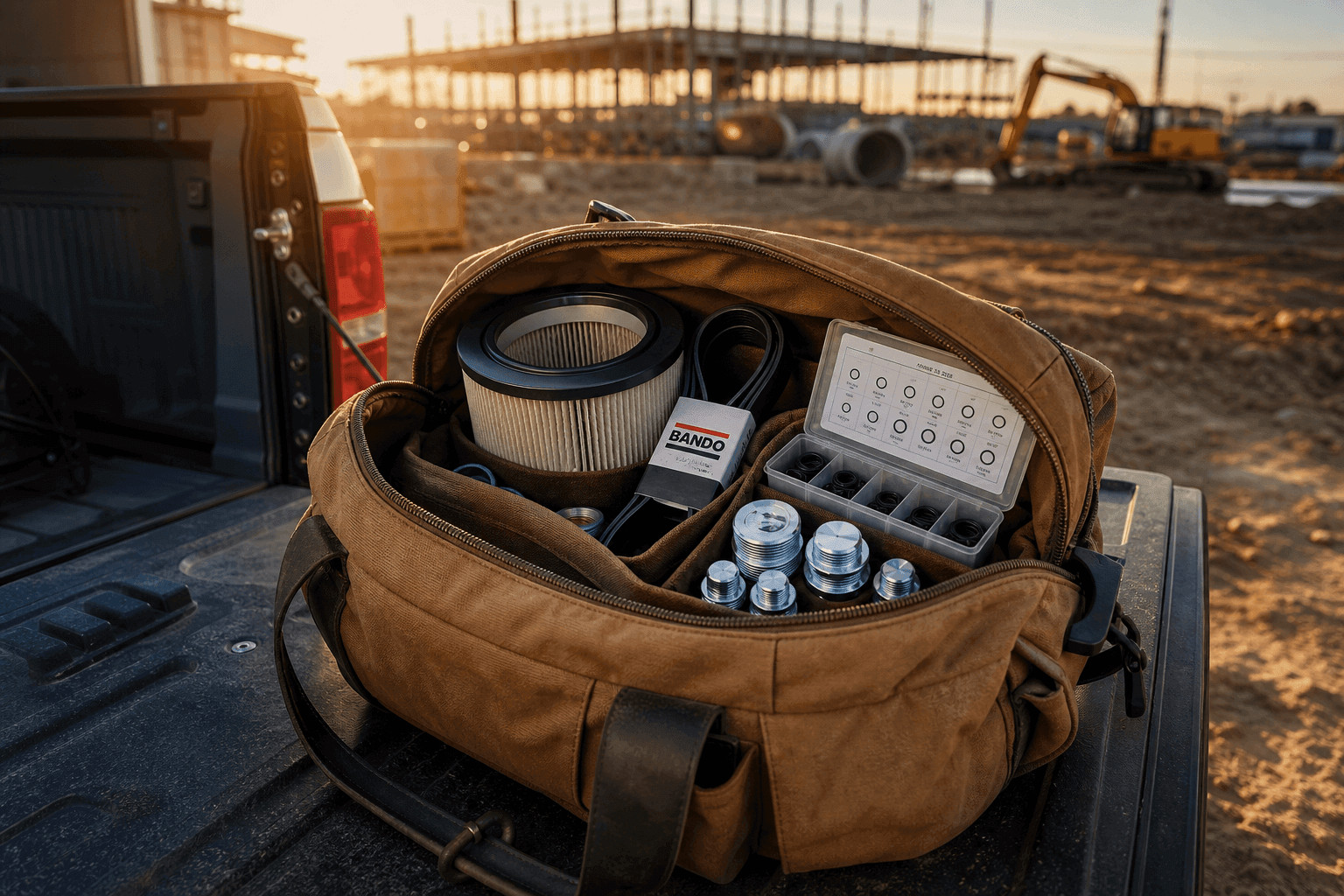 Bag of vehicle maintenance tools at construction site