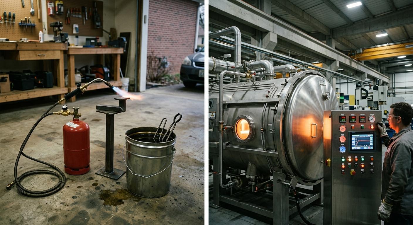 Home propane torch and quench bucket on the left versus a large industrial vacuum heat treating furnace on the right