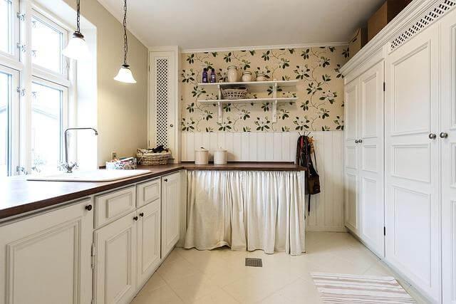 Three Key Ways to Create a Functional and Fresh Kitchen 3 Kitchen with white cabinets and floral wallpaper