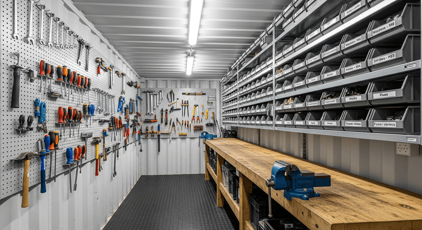 Tools neatly organized on a wall in a