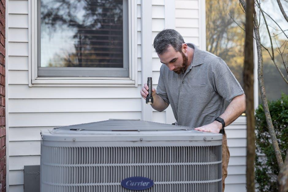 A technician servicing a home air conditioning unit