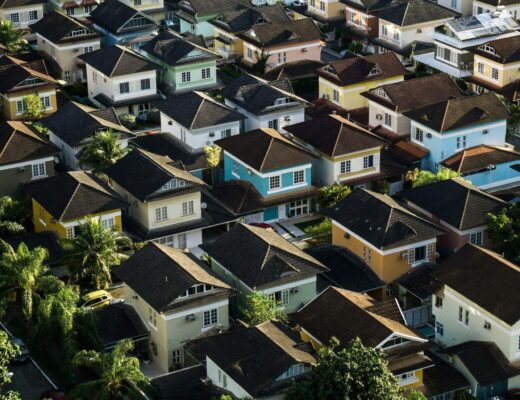 Aerial view of a residential neighborhood with many houses