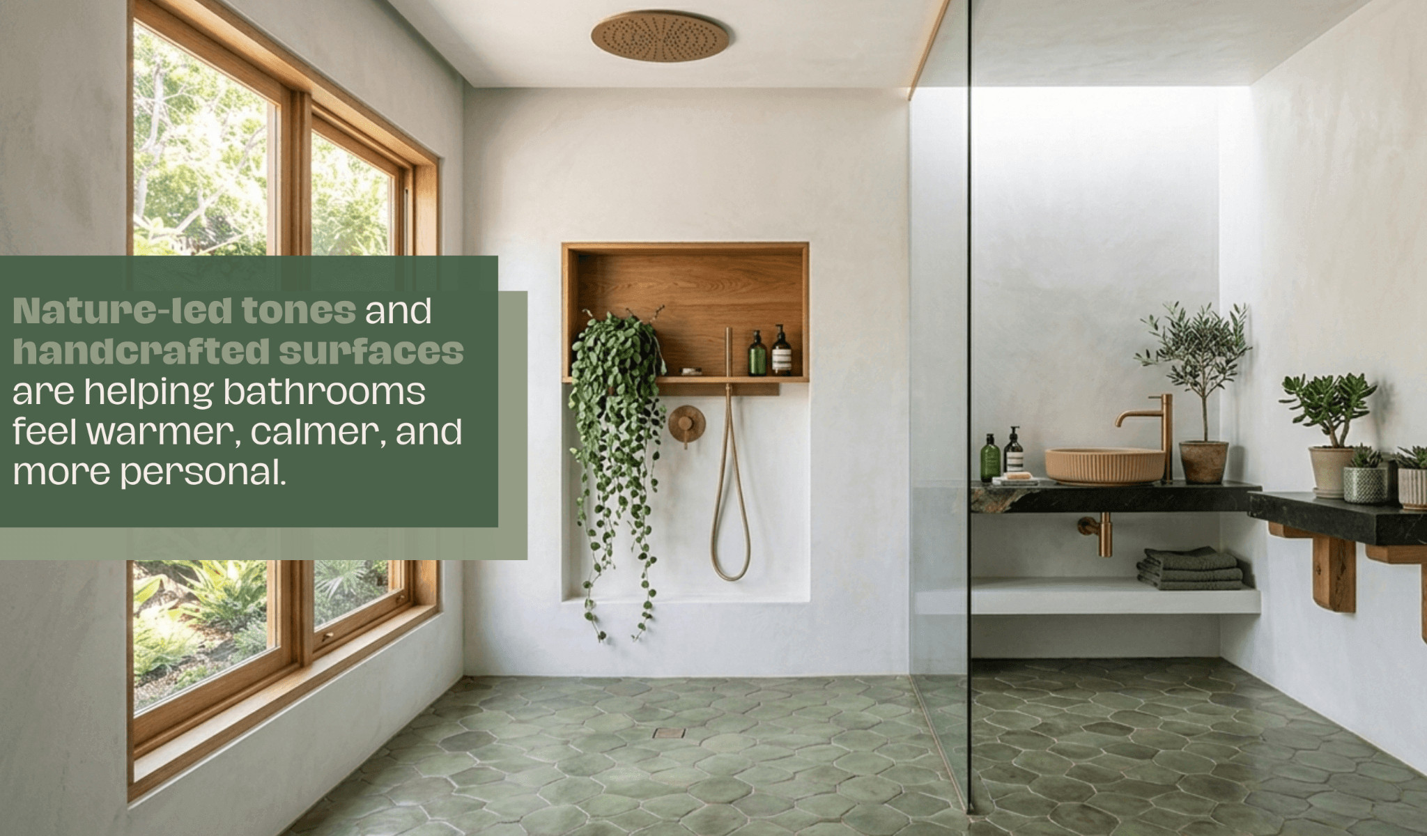 Bathroom with green tiled floor and walls