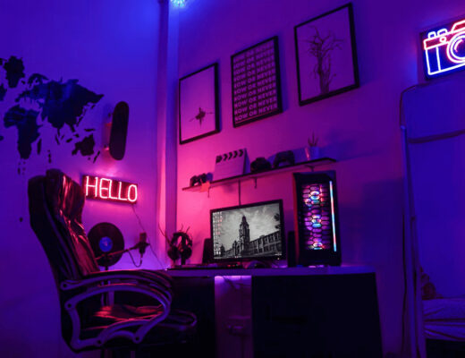 Gaming room with purple LED lighting and a wall map