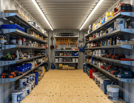 Large storage room with shelves for organized tools and materials