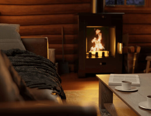 Living room with a modern gas fireplace stove