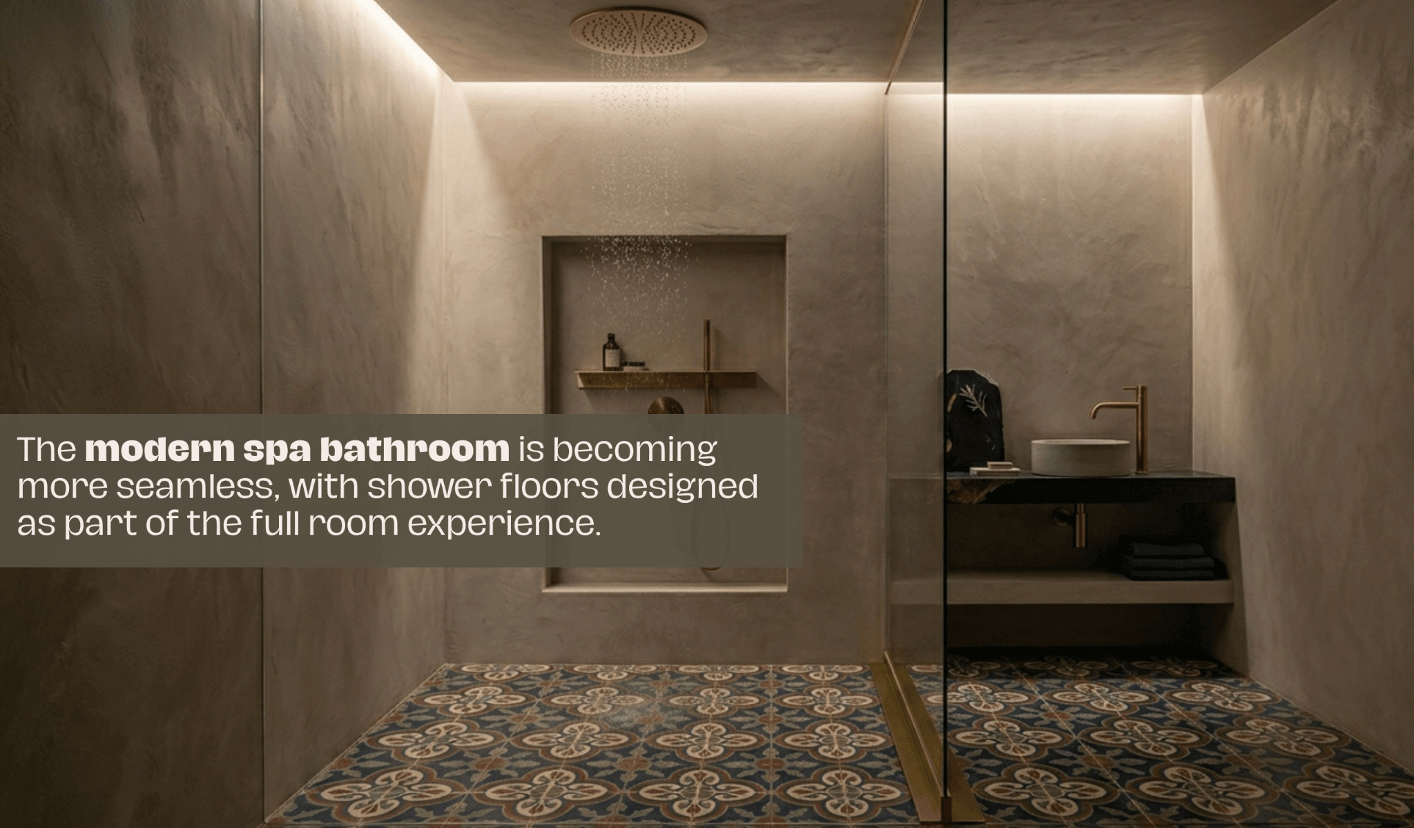 Seamless shower doors in a modern, spa-like