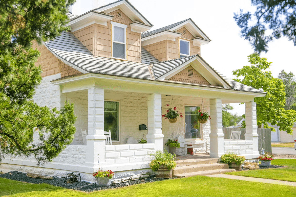 White house with gray roof and trim