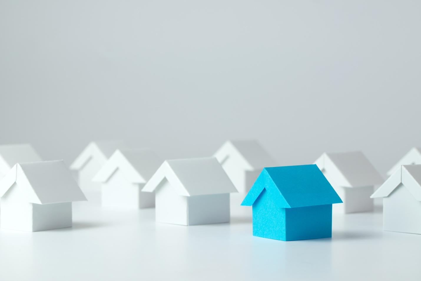 Blue 3d house and several white 3d houses