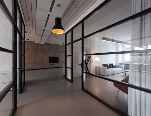 Interior room with custom steel glass partitions and