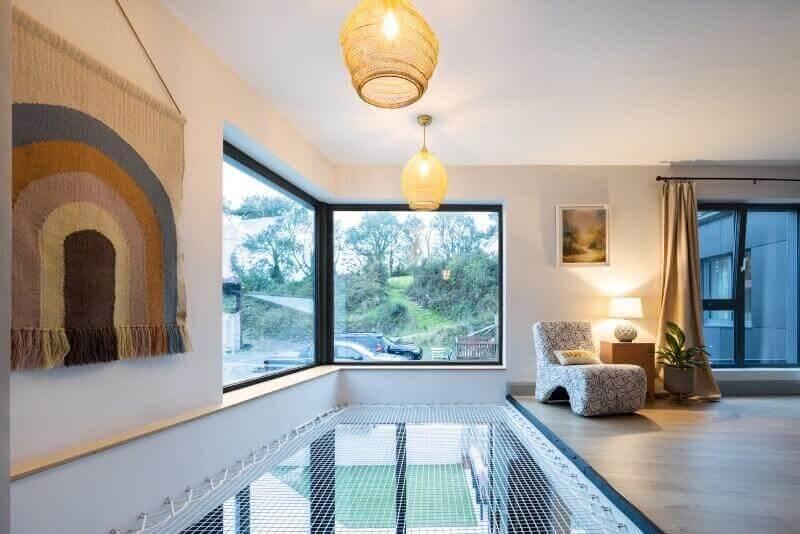 Modern living room with glass floor and