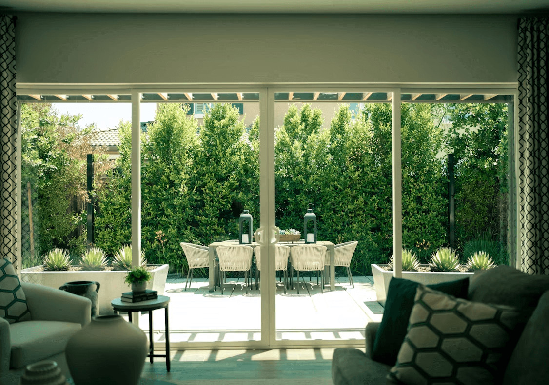 Modern living room with sliding glass door and