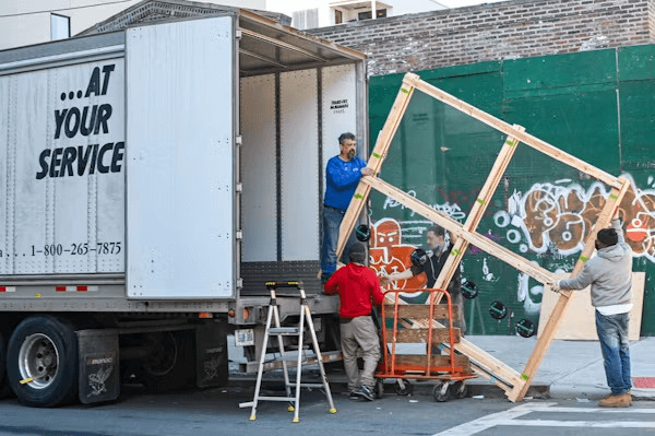 What Homeowners Should Know Before Hiring Movers 2 Movers unloading a large piece of wood