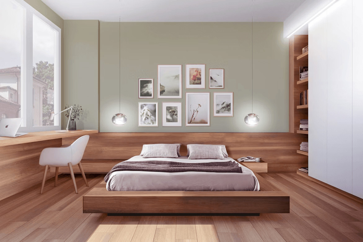 Stylish bedroom with bed and desk arrangement