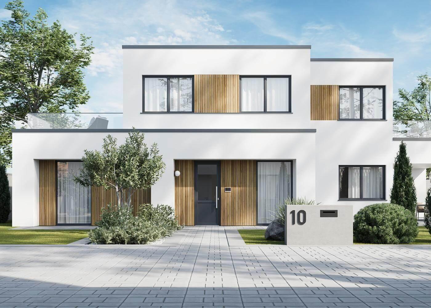 Two-story white house with wooden shutters and patio