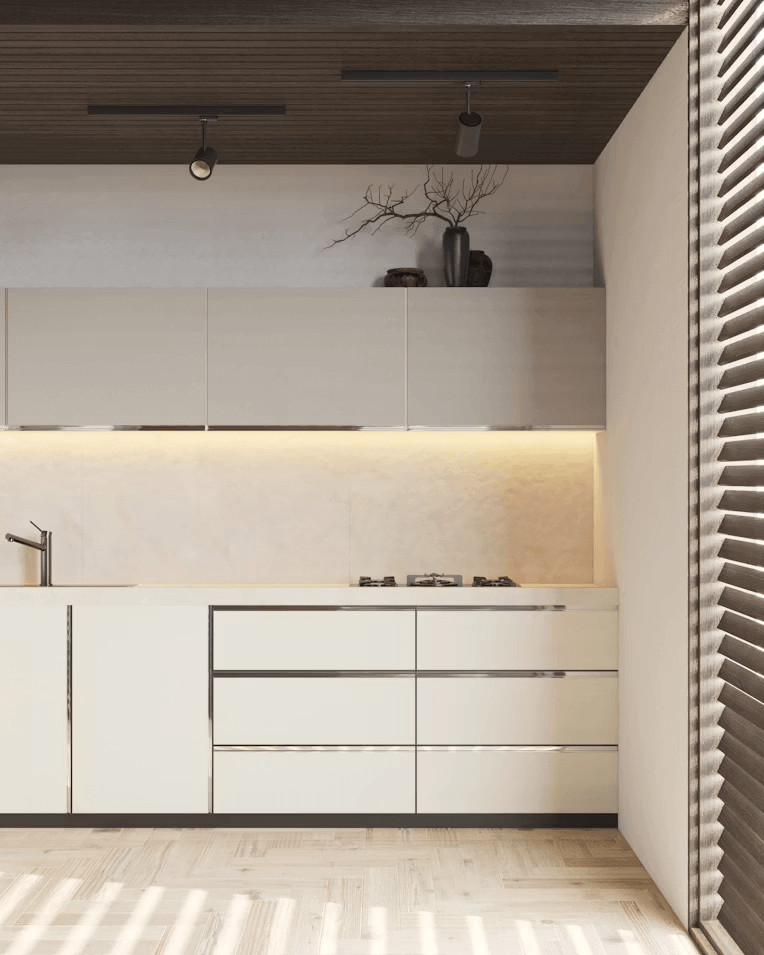 What Affects the Price of Aluminum Profiles for Cabinet and Wardrobe Manufacturing? 2 White kitchen cabinets with wooden ceiling,