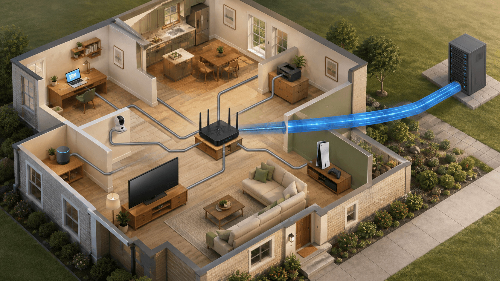 Aerial view of a house with a blue light