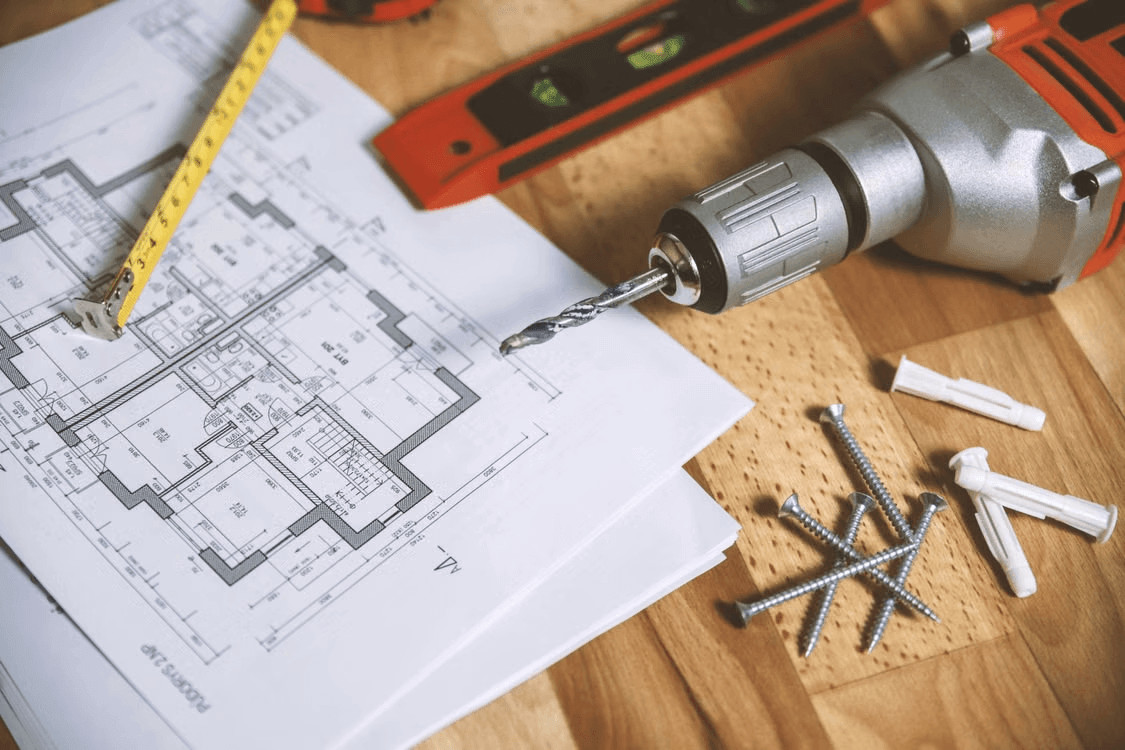 drill, screwdriver, ruler, and other tools