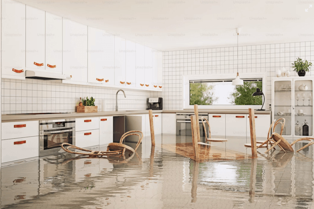 What to Do Immediately After Water Damage Hits Your Home 1 Flooded kitchen with chairs and a table after water damage