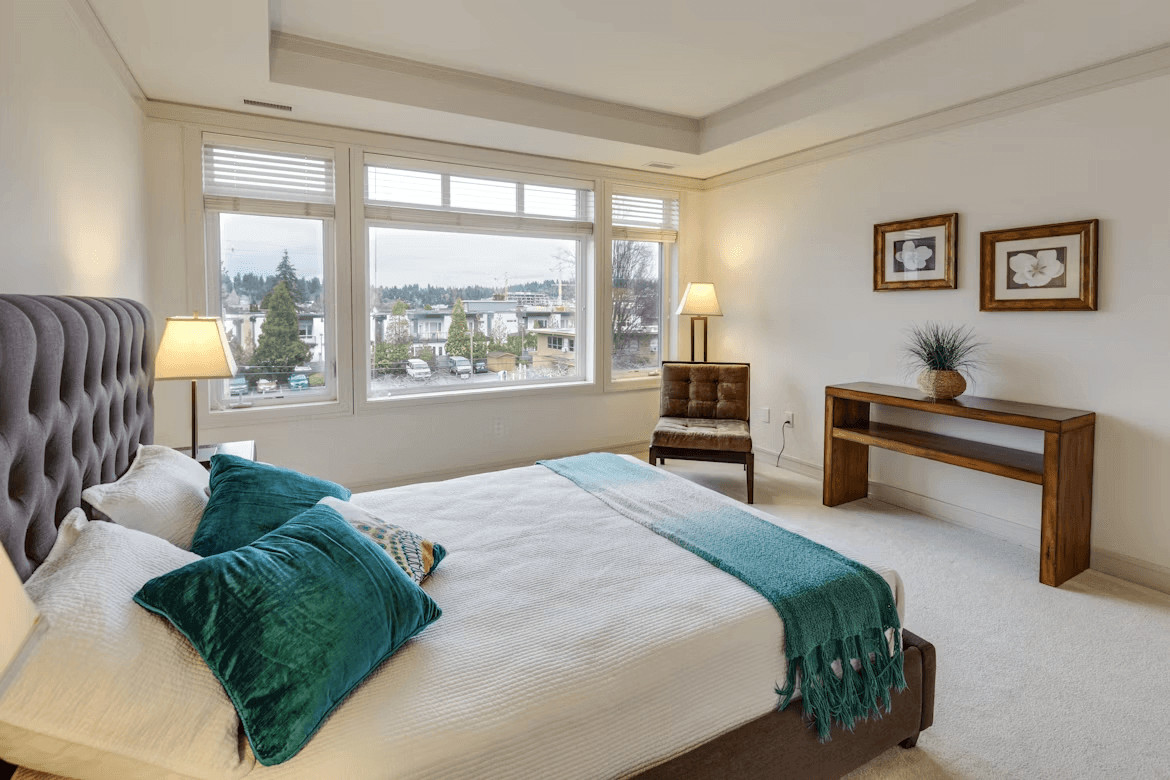 Modern bedroom with a large bed and