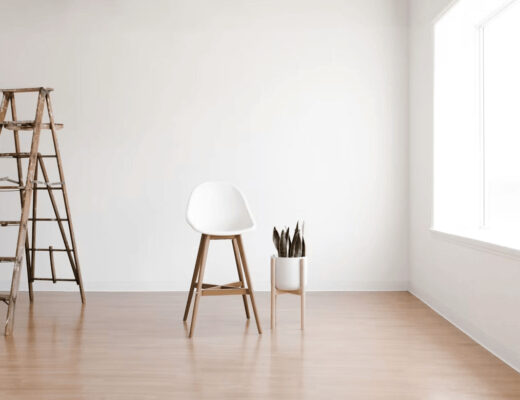 Room with ladder, chair, and plant during