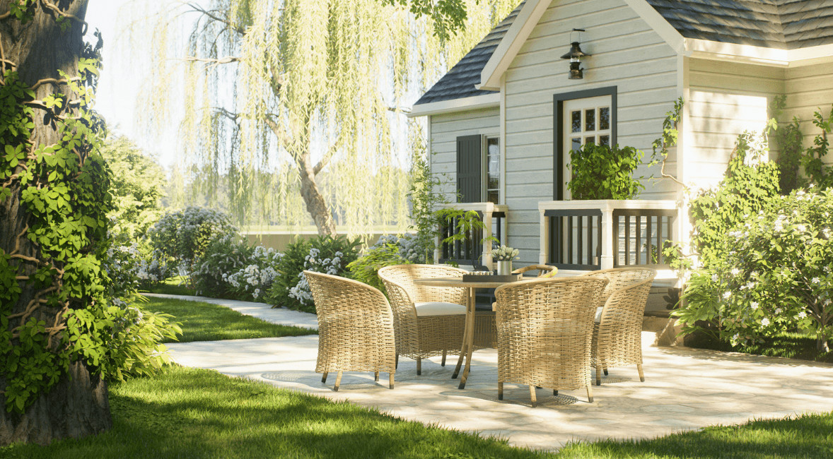A designed patio with an outdoor dining table