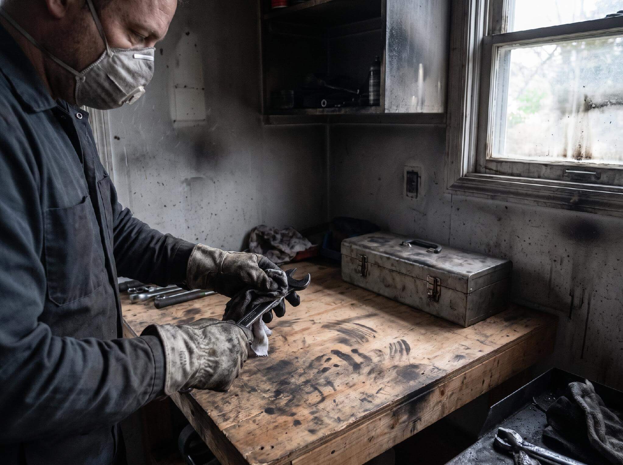 Protecting Your Workshop and Tools from Fire - and What to Do If the Worst Happens 3 A homeowner in work gloves wiping soot off a metal hand tool on a workbench after a fire