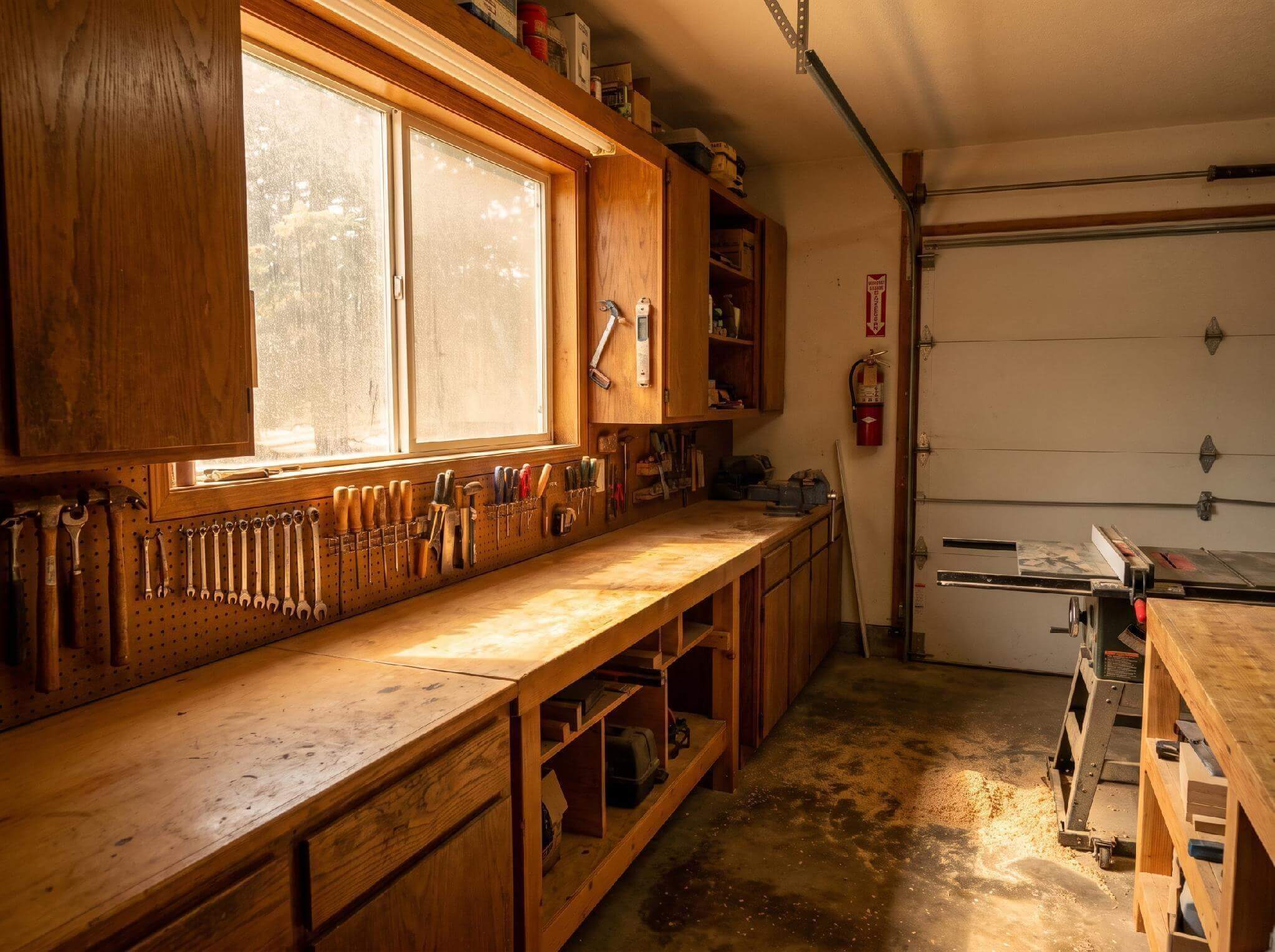 Protecting Your Workshop and Tools from Fire - and What to Do If the Worst Happens 1 A well-organized home garage workshop with a pegboard of hand tools and a red fire extinguisher mounted near the door