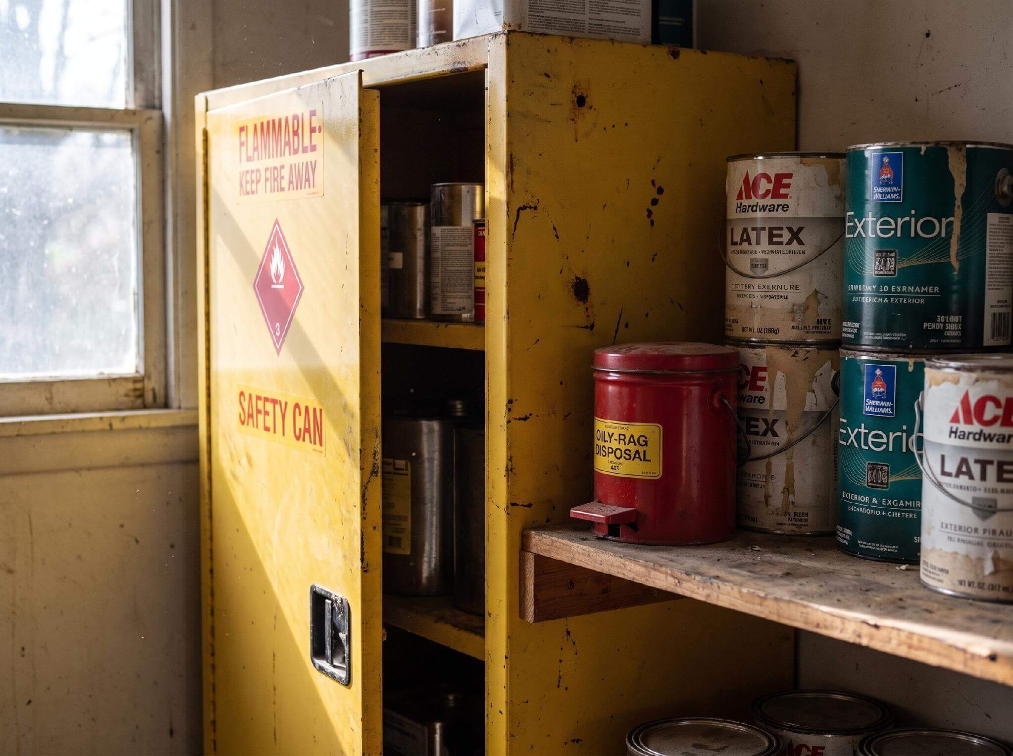Protecting Your Workshop and Tools from Fire - and What to Do If the Worst Happens 2 A yellow metal safety cabinet for flammable liquids next to a shelf of labeled paint cans in a garage