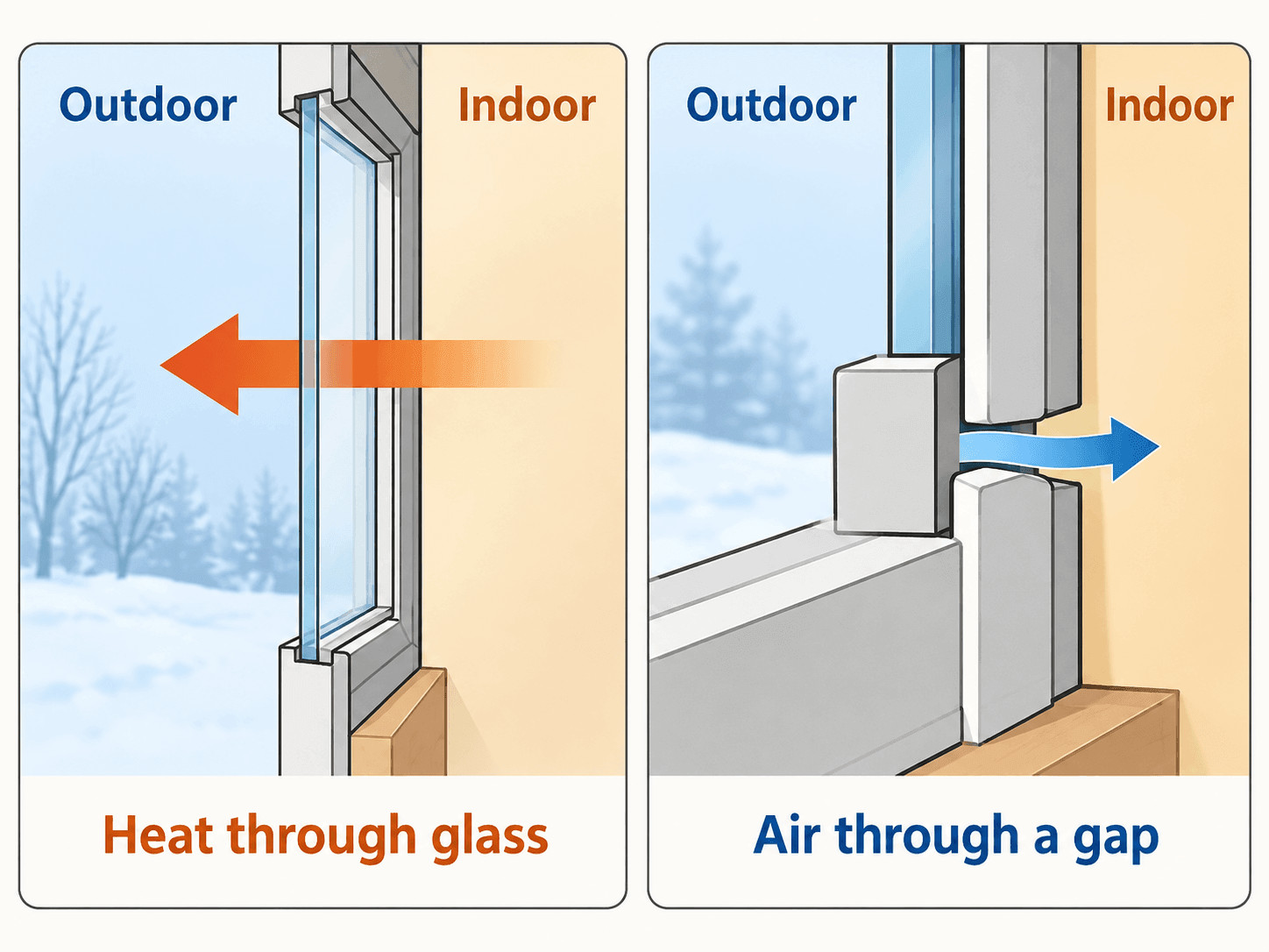 Cold Near the Window? You May Not Need New Windows 1 Diagram comparing heat passing through glass with outside air entering a window gap.