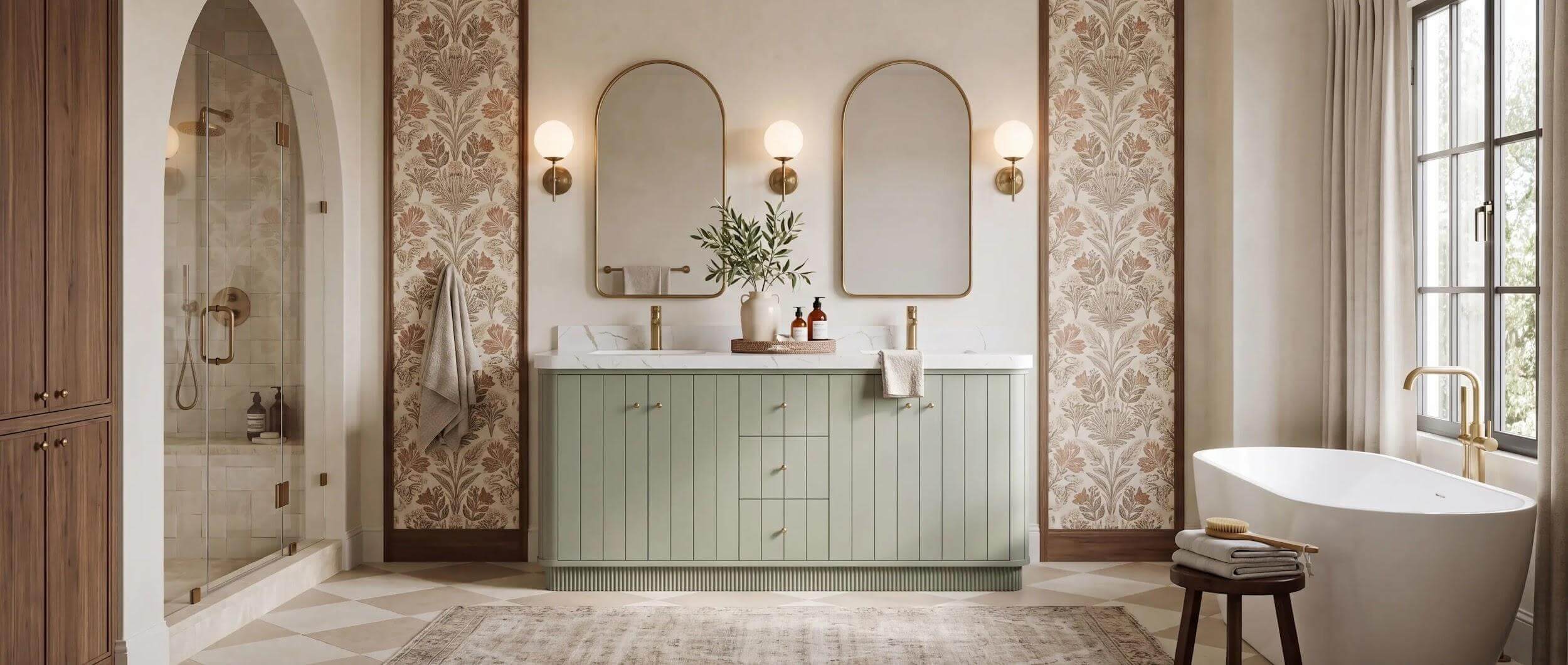 Treating a Double Vanity as Bathroom Furniture: Shape, Detail and Visual Weight 1 Houston 72-inch double-sink vanity in Evergreen with pale walls and botanical wall panels in an AI-assisted interior rendering.