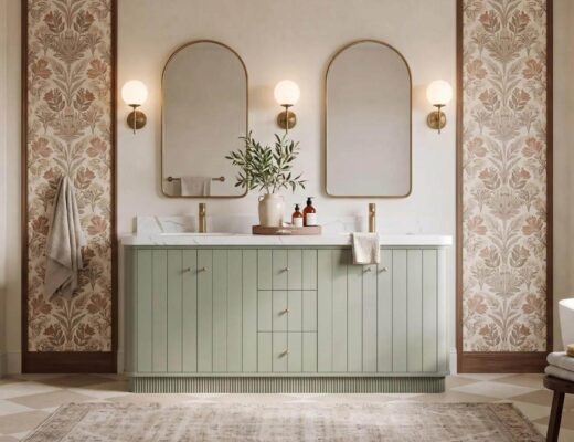 Houston 72-inch double-sink vanity in Evergreen with pale walls and botanical wall panels in an AI-assisted interior rendering.