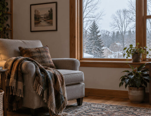 Cold Near the Window? You May Not Need New Windows 1 Reading chair and blanket beside a living-room window on a winter day.