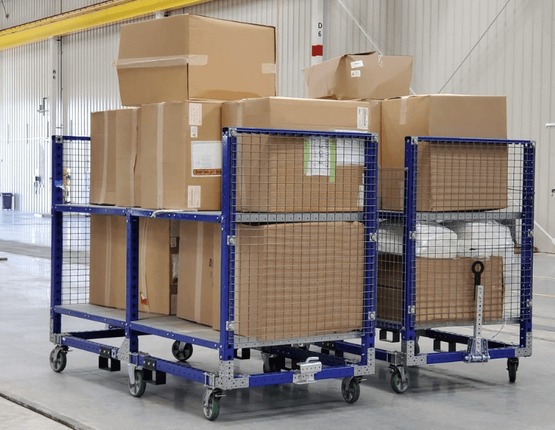 Boxes stacked on a dolly in a