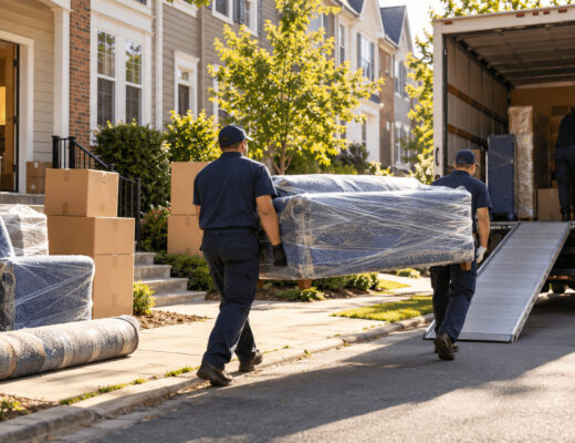 Men unloading packages from a moving truck